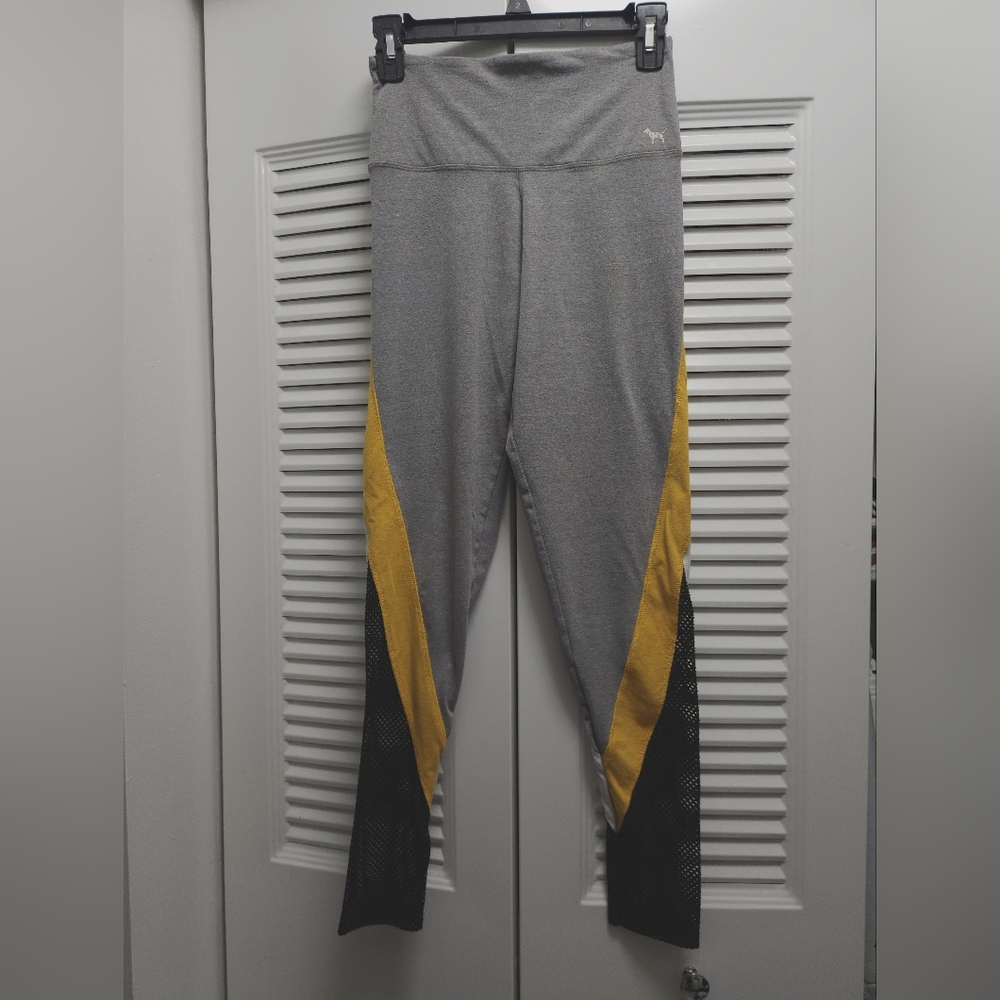 Victoria’s Secret PINK Colorblock Mesh Leggings Gray Yellow Black Size Small